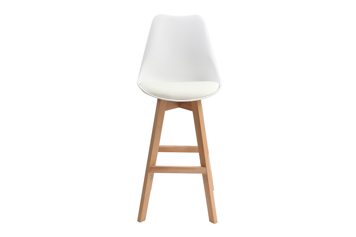 Tabourets de bar design blanc et bois H65.5 cm (lot de 2) PAULINE