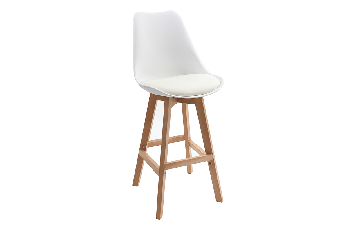 Tabourets de bar design blanc et bois H65.5 cm (lot de 2) PAULINE