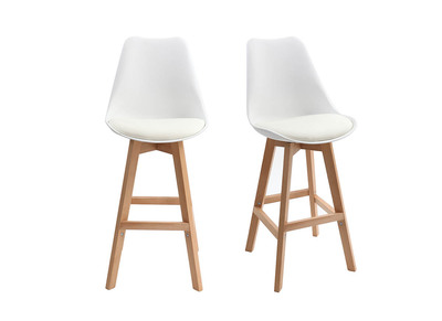 Tabourets de bar design blanc et bois H65.5 cm (lot de 2) PAULINE