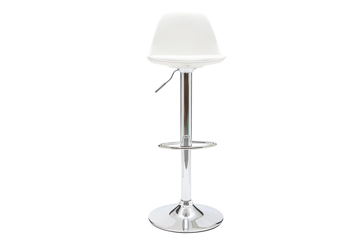 Tabouret de bar blanc STEEVY avec pi�tement chrom�, vue de face.