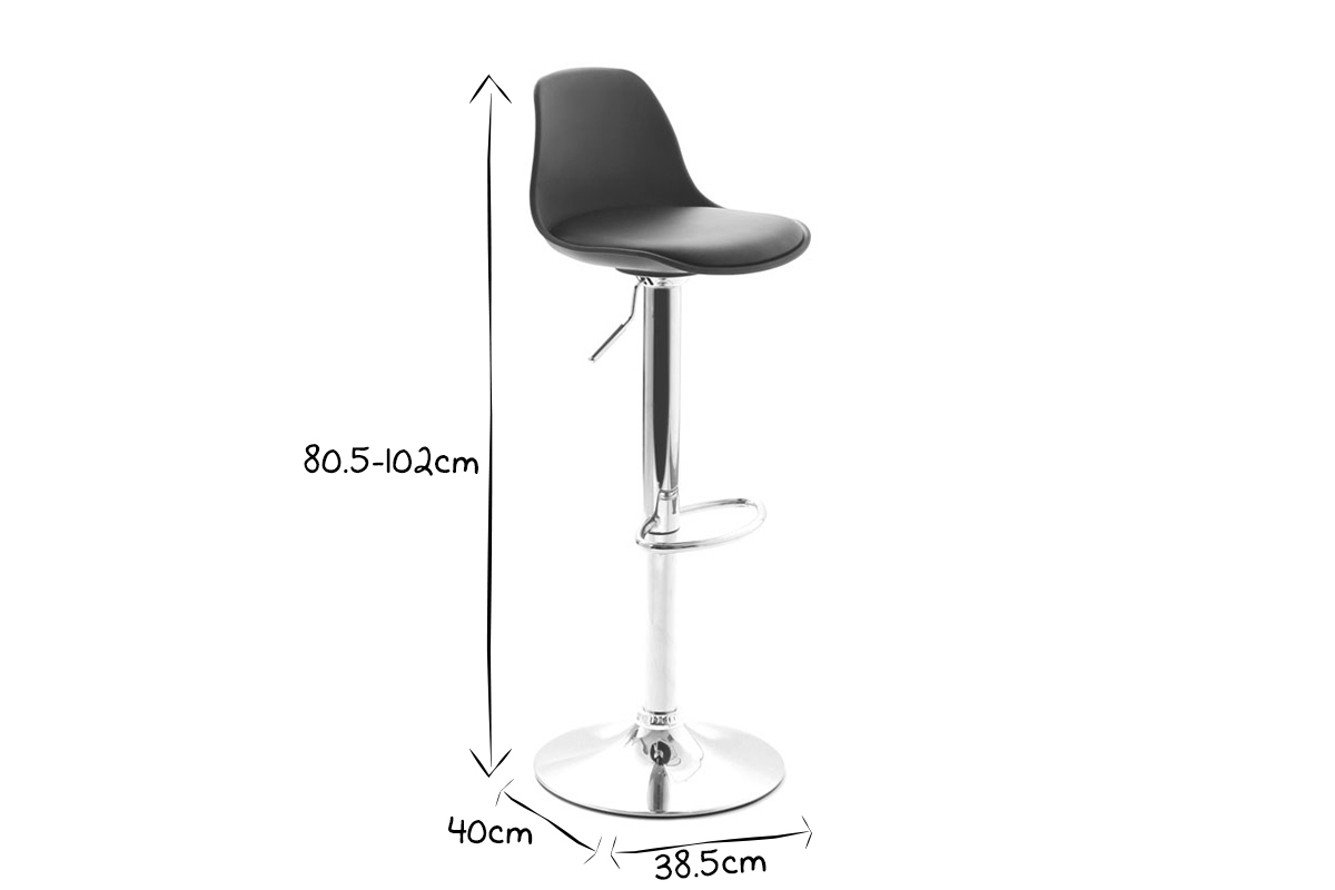 Tabouret de bar design Steevy avec dimensions 80.5-102cm de haut, 38.5cm de large, 40cm de profondeur, en noir et blanc.