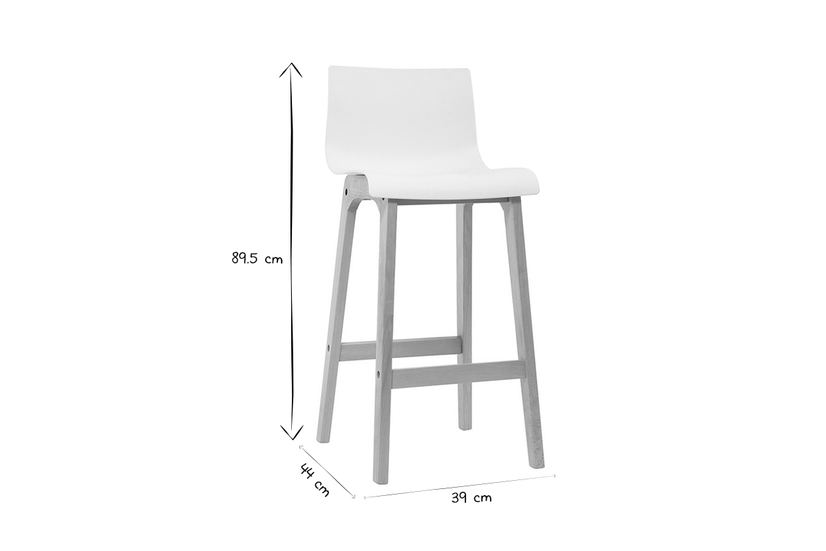 Dimensions d'un tabouret de bar design bois et blanc, hauteur 89.5 cm, profondeur 44 cm, largeur 39 cm, noir et blanc.