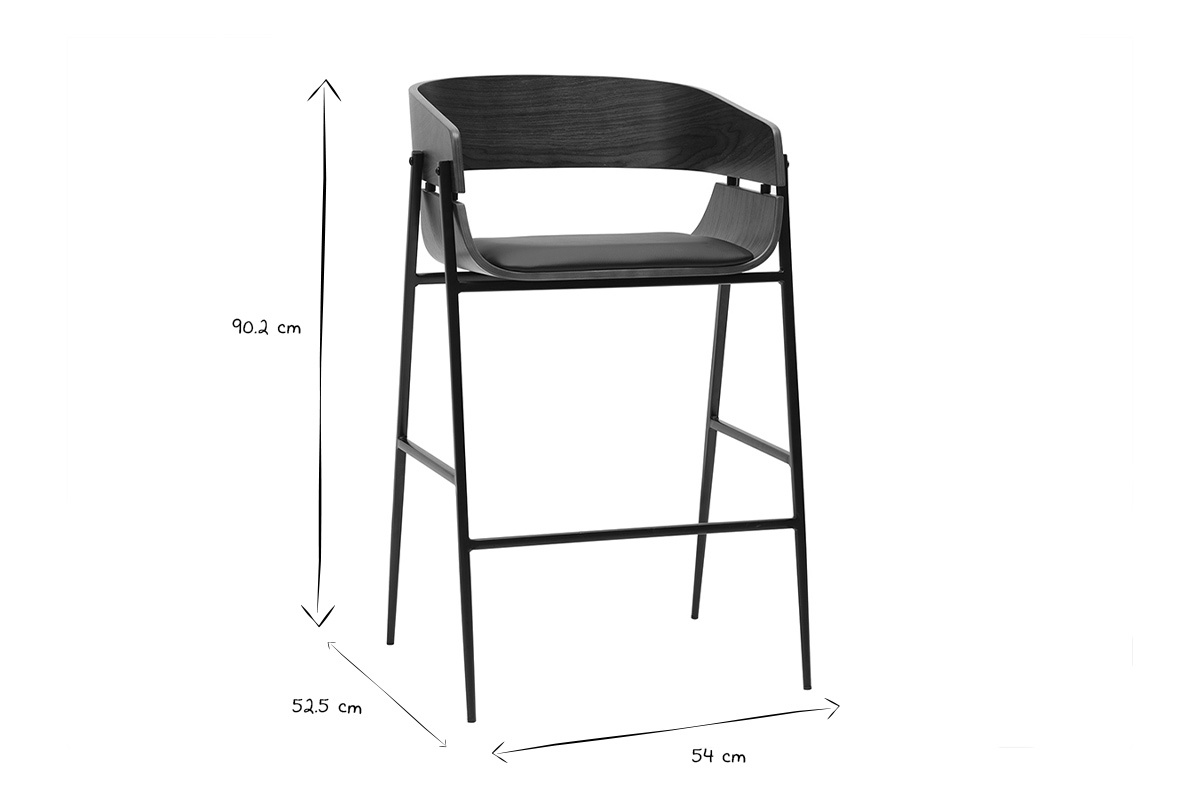 Dimensions des tabourets de bar design bois fonc� et m�tal noir WESS, L54xP52.5xH90.2 cm.