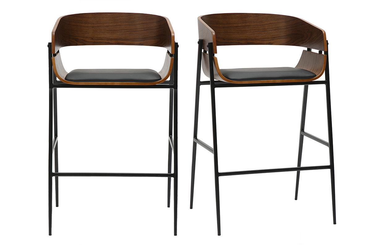 Deux tabourets de bar en bois fonc� et m�tal noir, design moderne.