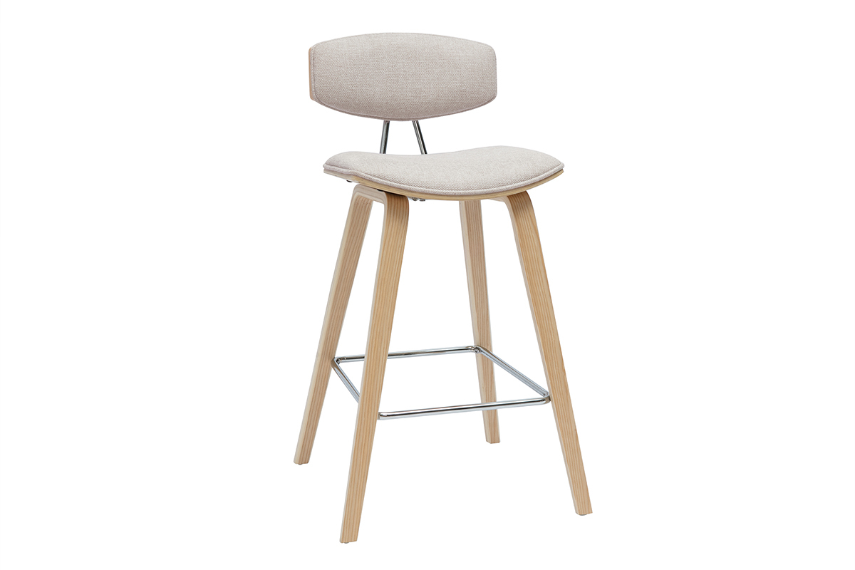 Tabourets de bar design en tissu effet velours textur� beige et bois clair H69 cm (lot de 2) VASCO