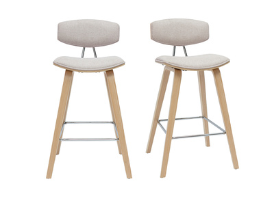 Tabourets de bar design en tissu effet velours textur&eacute; beige et bois clair H69 cm (lot de 2) VASCO