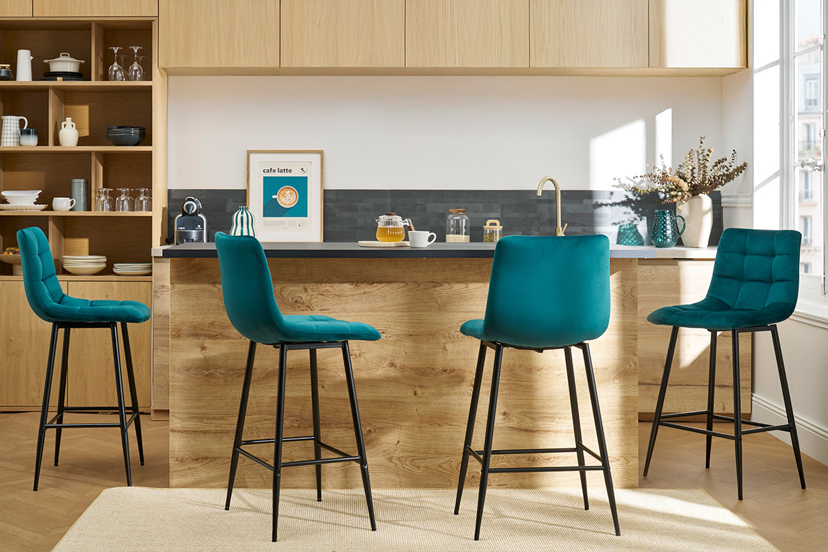 Tabourets de bar design en velours bleu p�trole H65 cm (lot de 2) MAXWELL