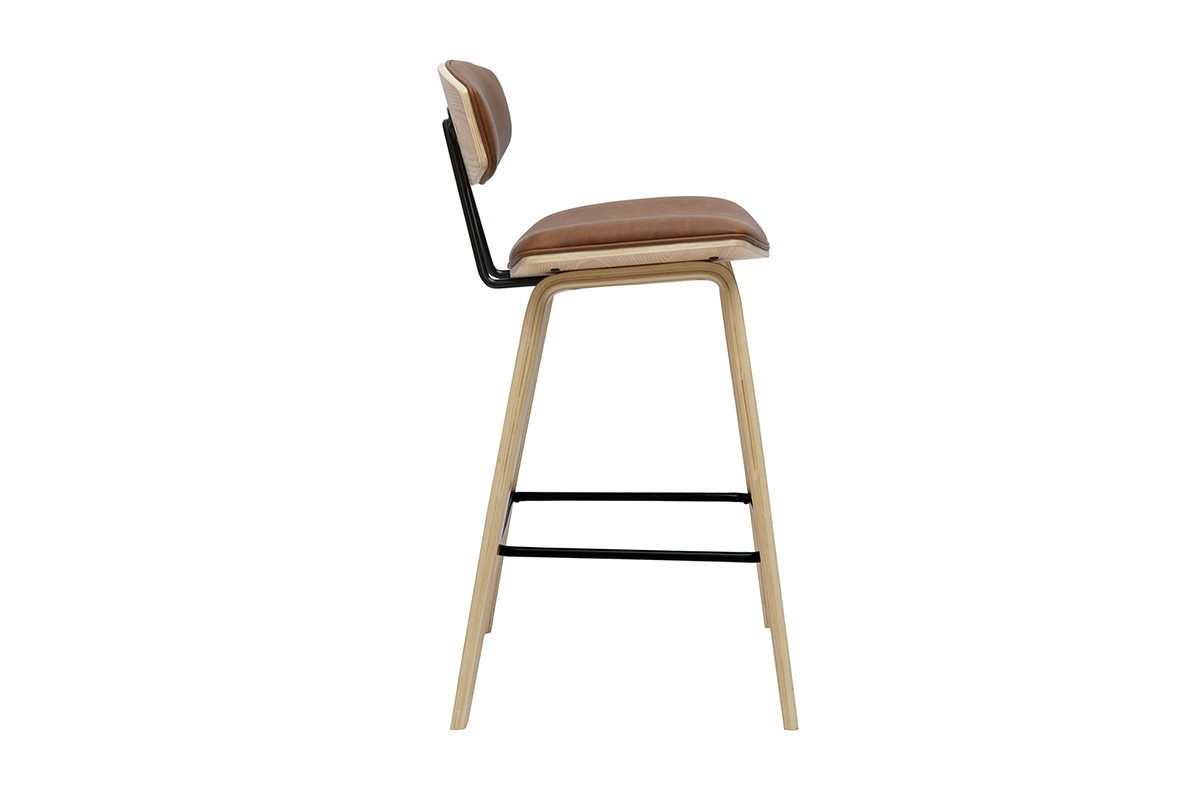Tabouret de bar marron et bois clair VASCO, vue de profil.
