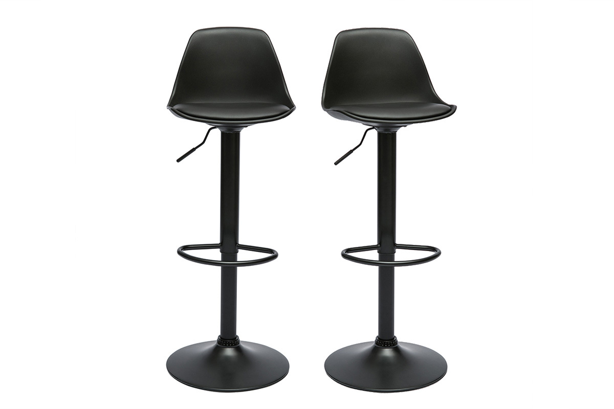 Deux tabourets de bar noirs STEEVY avec pieds r�glables et repose-pieds, vue de face.