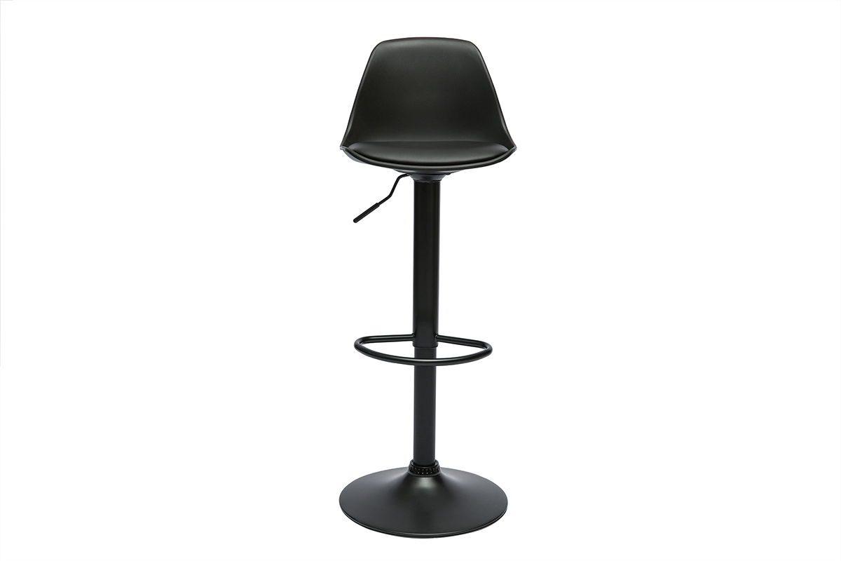 Tabouret de bar noir STEEVY, vue de face avec pi�tement r�glable et repose-pied.