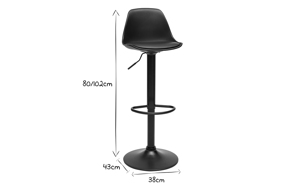 Tabouret de bar noir avec dimensions 80/102 cm de haut, 43 cm de profond, base de 38 cm, en noir et blanc.