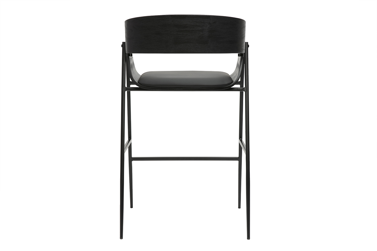 Tabouret de bar noir avec structure �lanc�e, assise rembourr�e, et pieds en m�tal. Vue de dos.