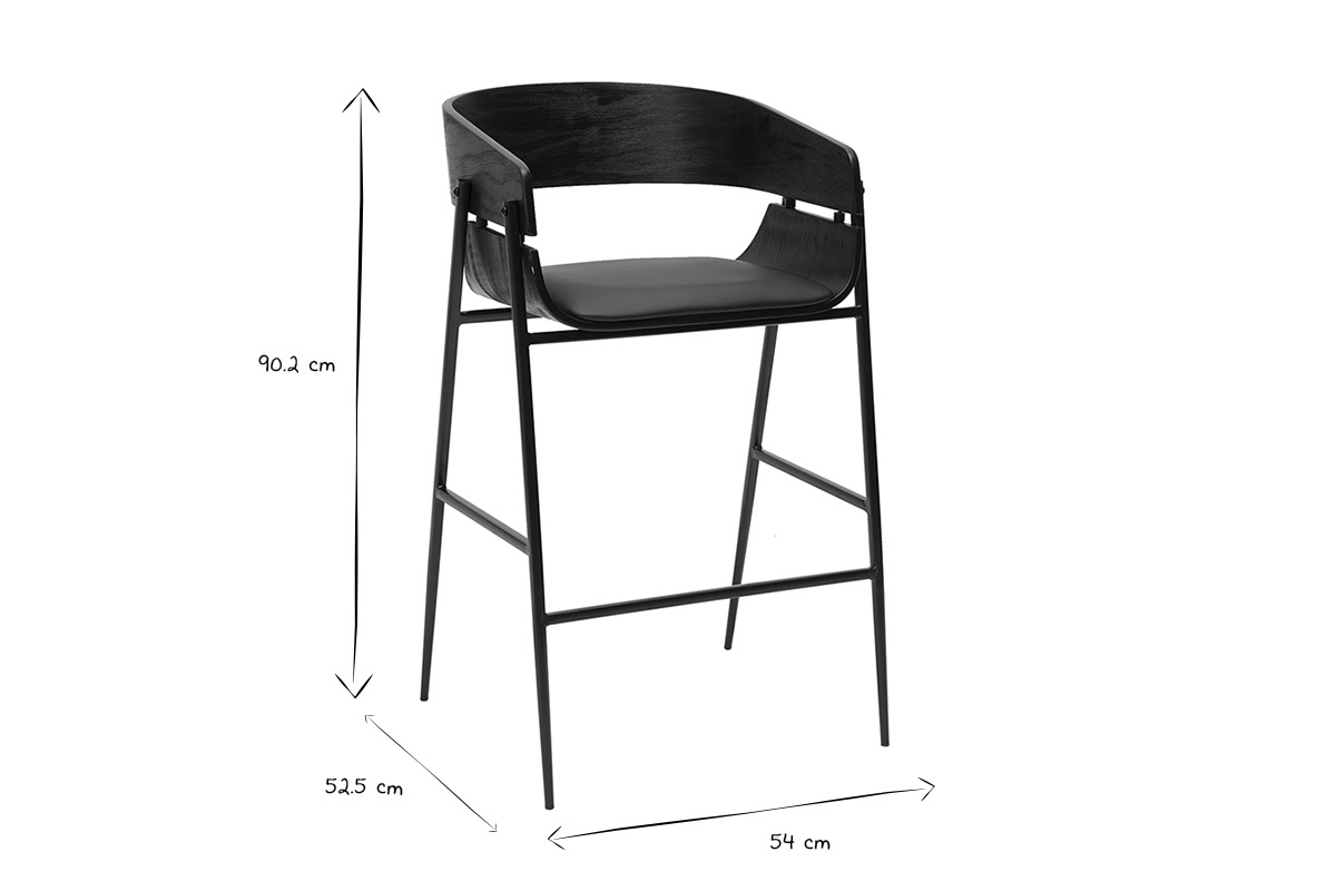 Tabourets de bar design noirs WESS avec bois et m�tal, dimensions L54 x P52.5 x H90.2 cm.