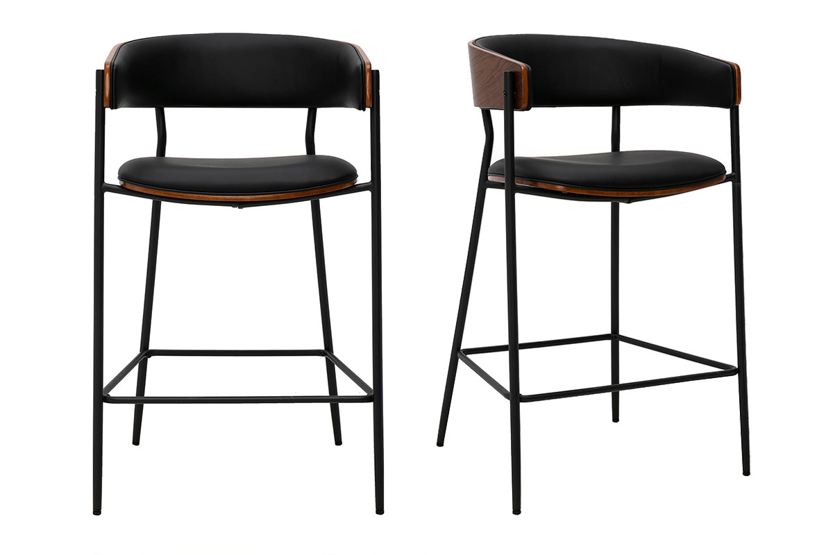 Lot de 2 tabourets de bar DANTE en noir et bois fonc� noyer, vue de face.