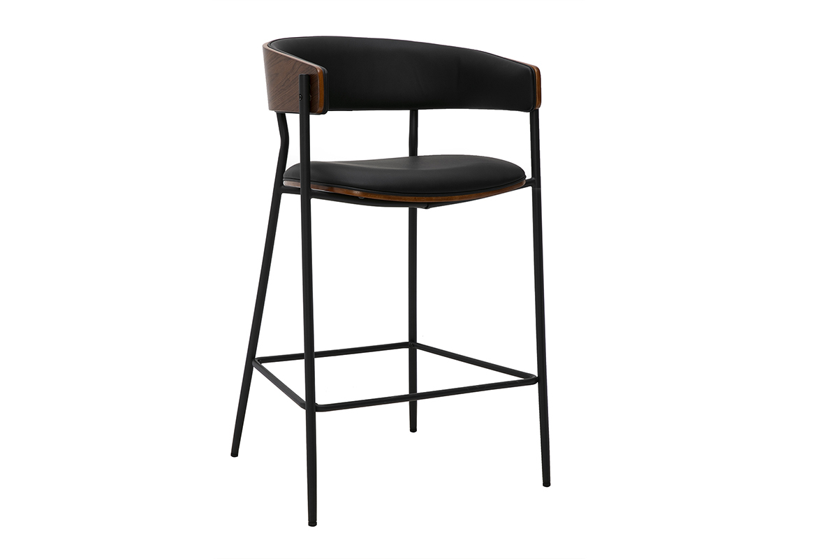 Tabouret de bar design noir et bois fonc� noyer, vue de trois-quarts