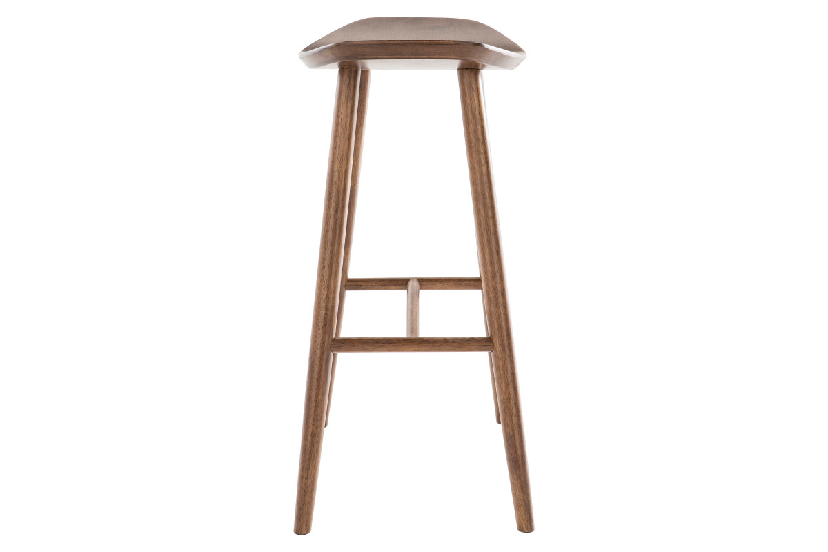 Tabouret de bar en noyer, vue de profil, sans dossier, pied en h�v�a massif.