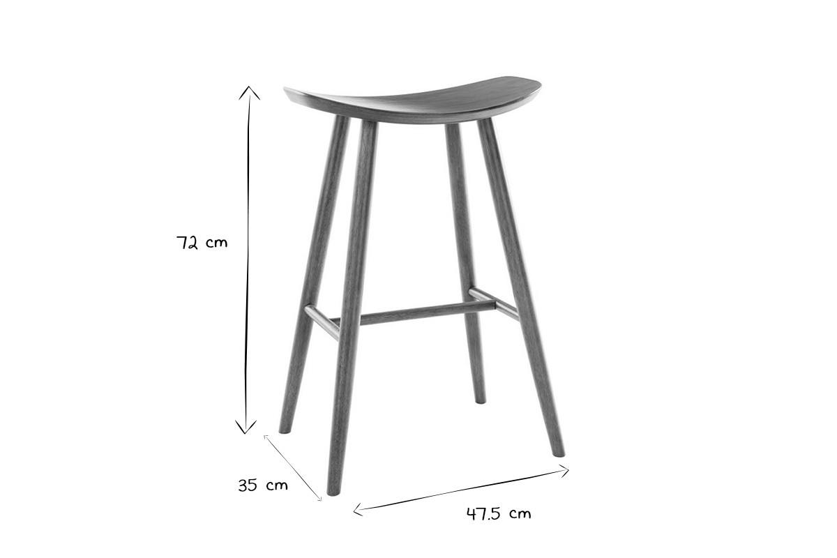 Dimensions d'un tabouret de bar DEMORY en noir et blanc : hauteur 72 cm, largeur 35 cm, profondeur 47,5 cm.