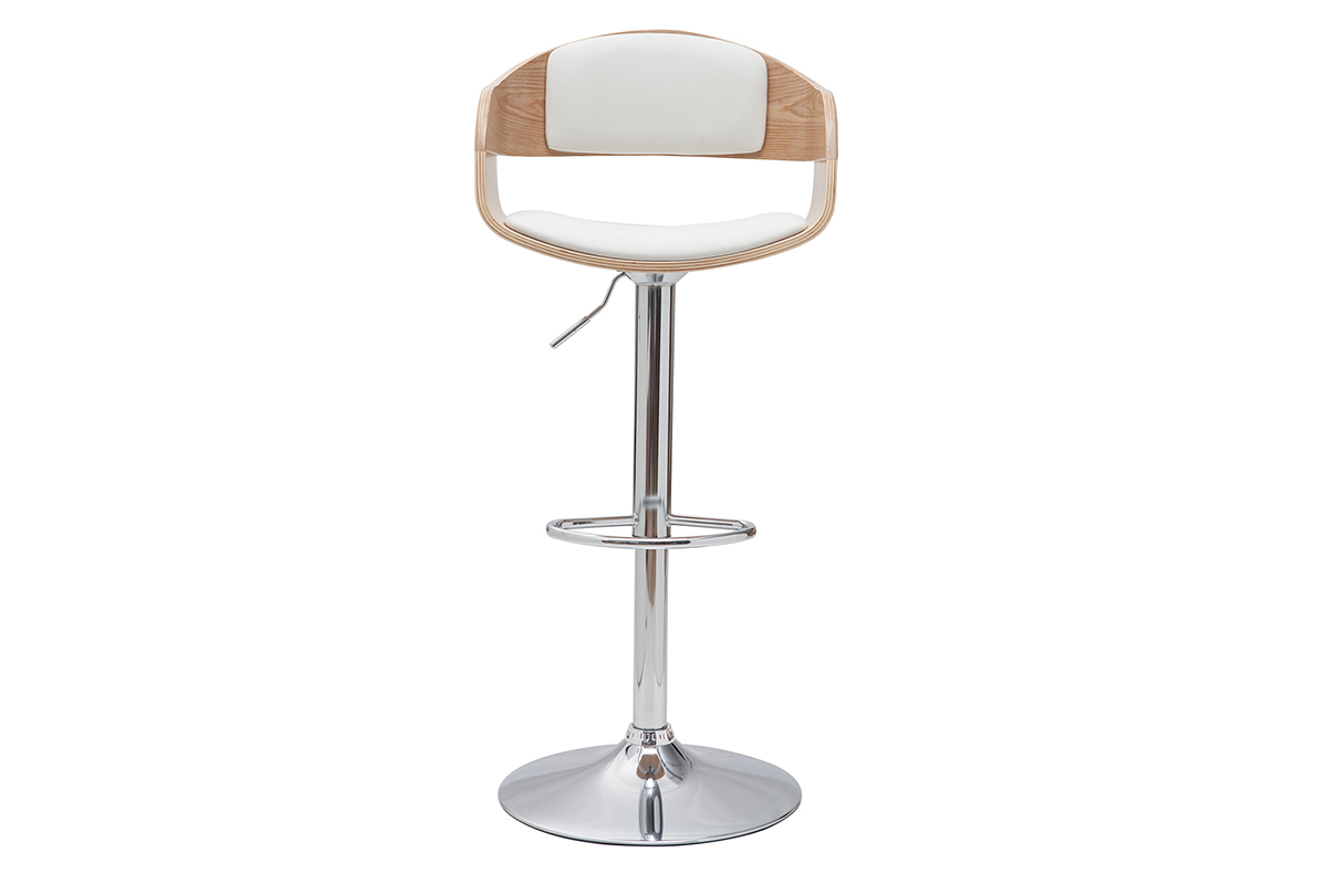 Tabourets de bar design r�glables en polyur�thane blanc et bois clair (lot de 2) EUSTACHE