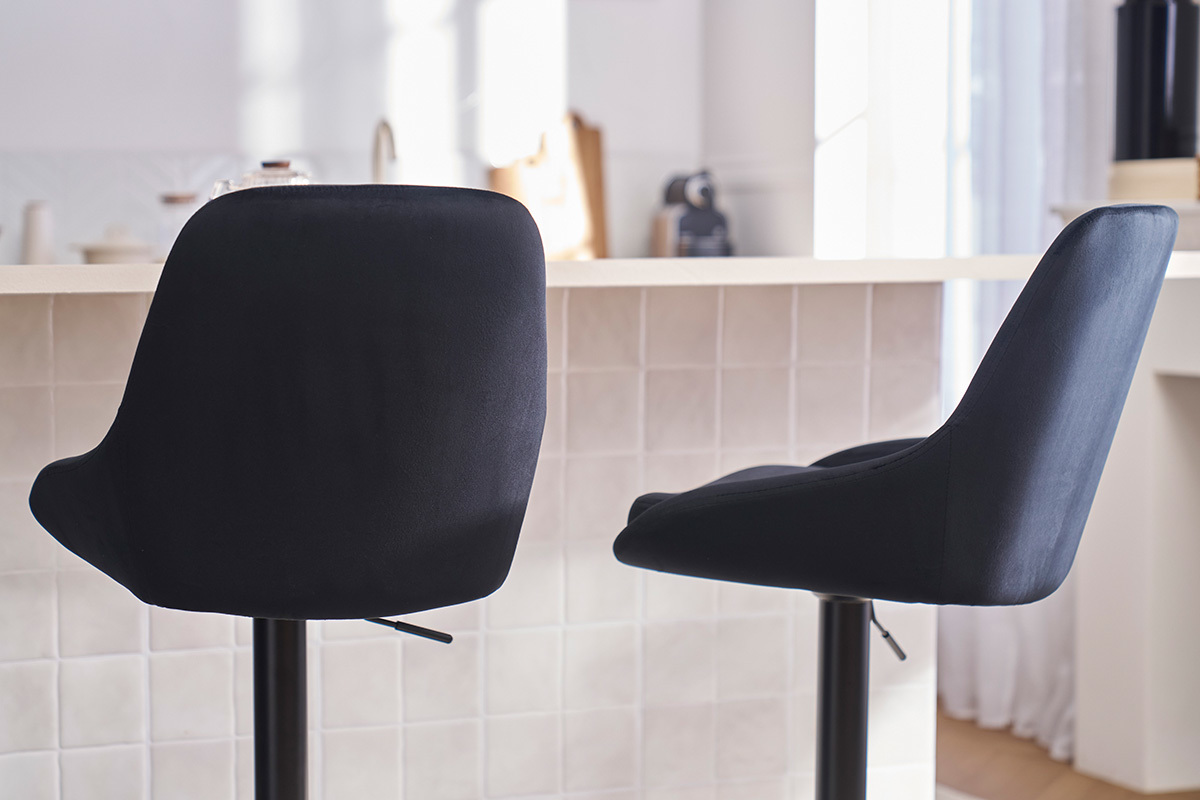 Tabourets de bar design r�glables en tissu velours noir et m�tal noir 360� (lot de 2) HOLO