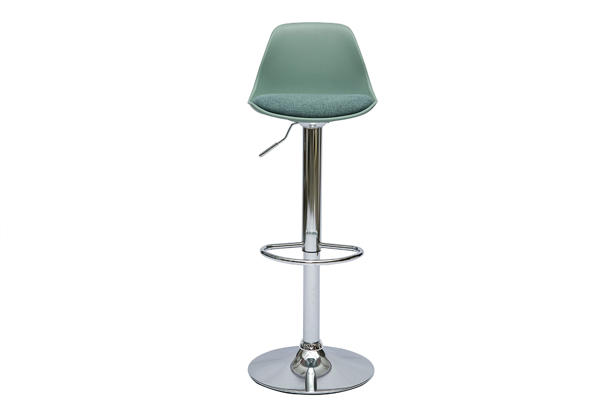 Tabouret de bar STEEVY vert de gris, vue de face, assise en tissu, pi�tement chrom�.