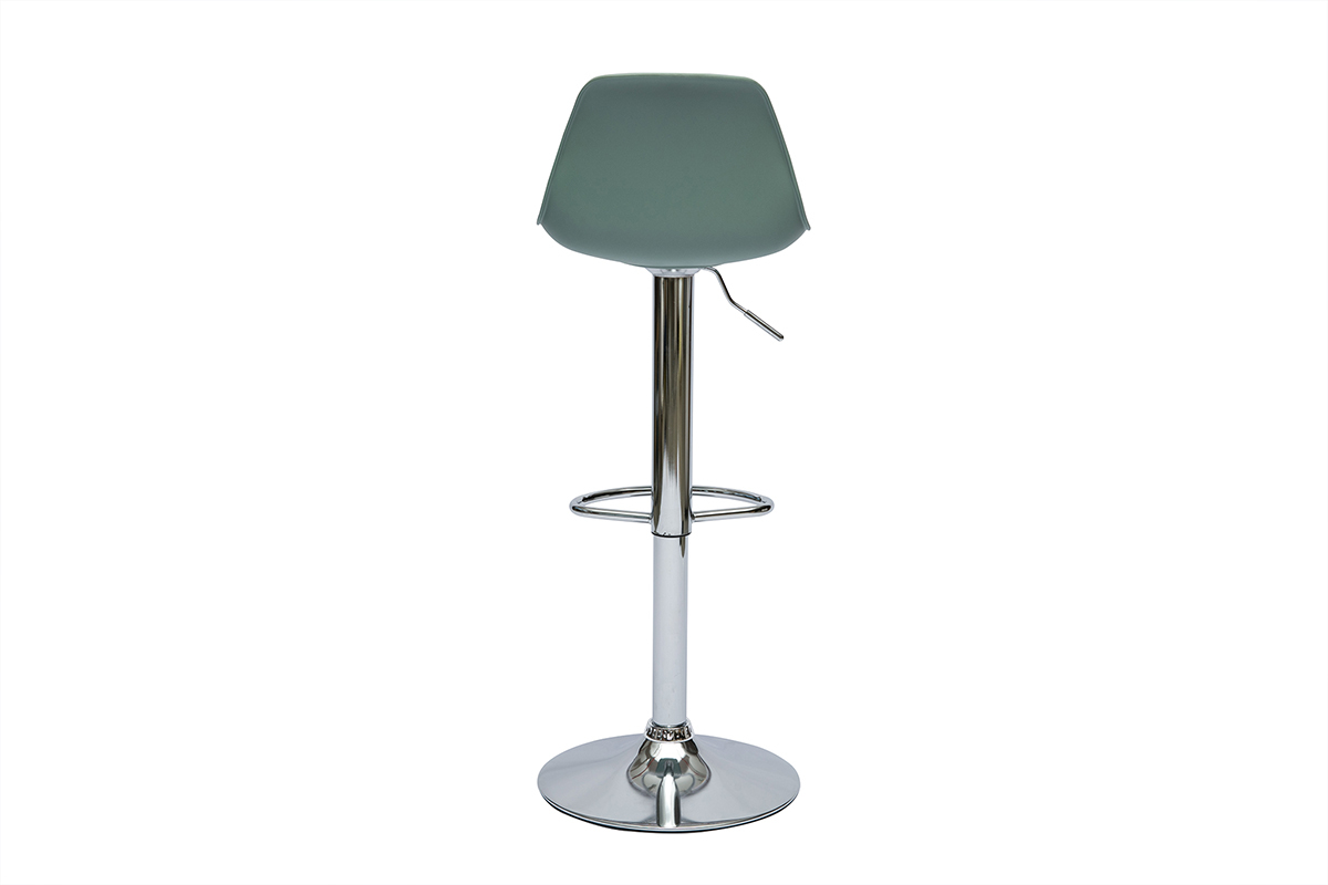 Tabouret de bar vert de gris STEEVY, vue de dos, pied chrom� avec repose-pied.