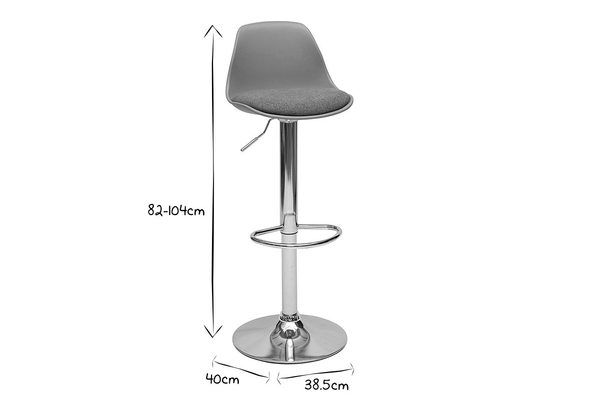 Dimensions du tabouret de bar STEEVY en noir et blanc : hauteur 82-104 cm, si�ge 38,5 cm, base 40 cm.