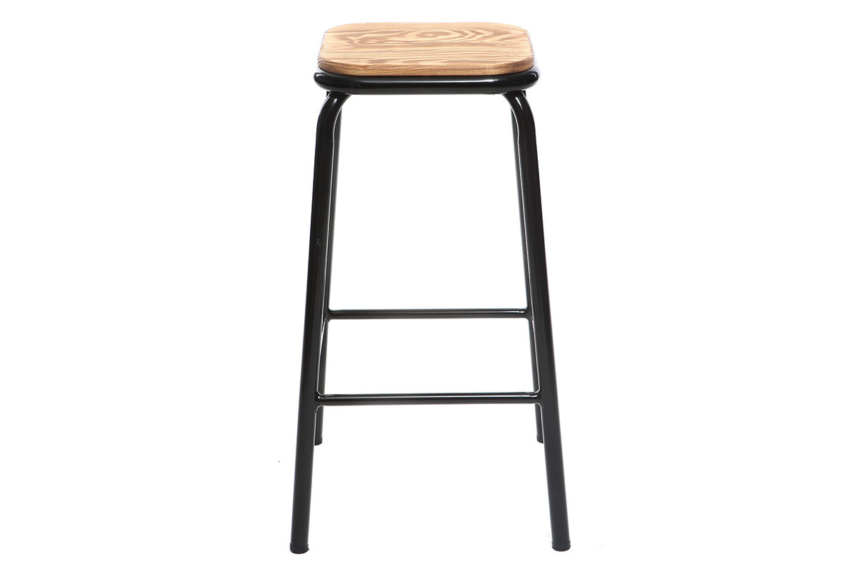 Tabouret de bar empilable noir et bois fonc�, vue de face.
