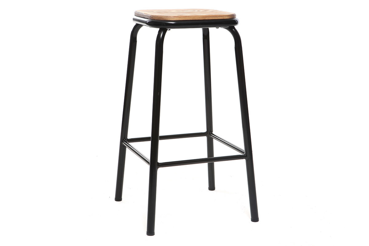 Tabouret de bar empilable en m�tal noir et bois fonc�, vue de c�t�.