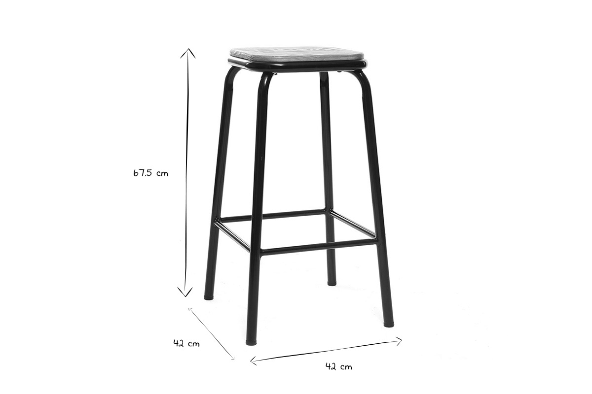 Tabouret de bar noir et bois fonc� en vue de profil avec dimensions 67,5 cm de hauteur, 42 cm de largeur.