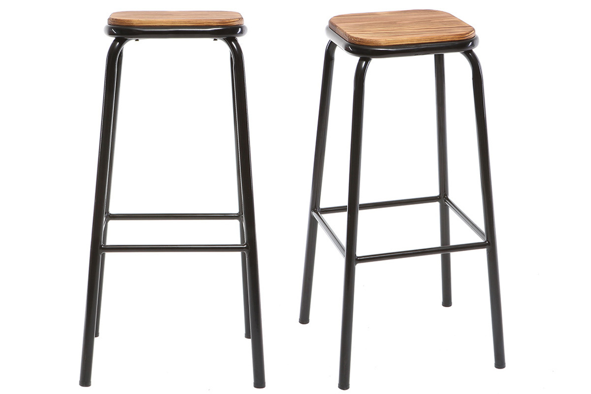 Tabourets de bar empilables noir et bois fonc� H77.5 cm (lot de 2) MEMPHIS