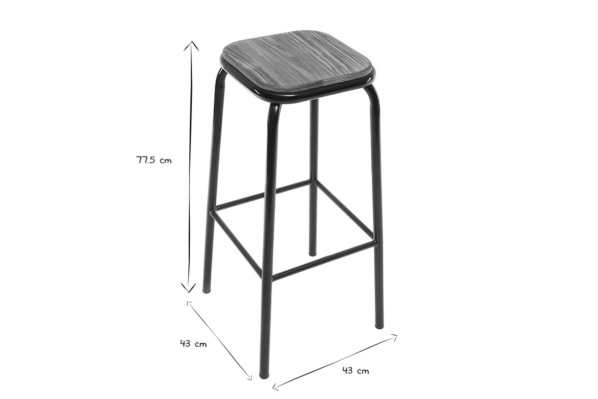 Tabourets de bar empilables noir et bois fonc� H77.5 cm (lot de 2) MEMPHIS
