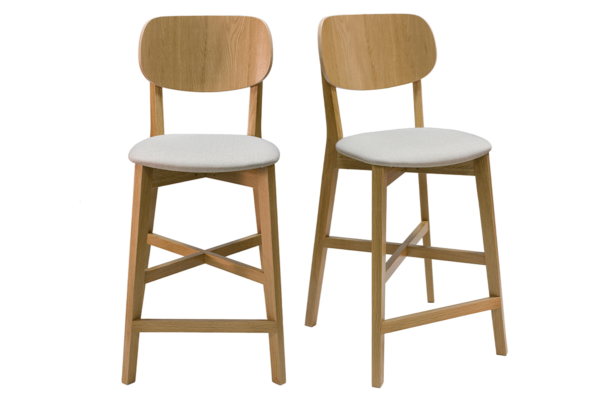 Tabourets de bar en bois clair ch�ne et tissu beige H65 cm (lot de 2) LUCIA