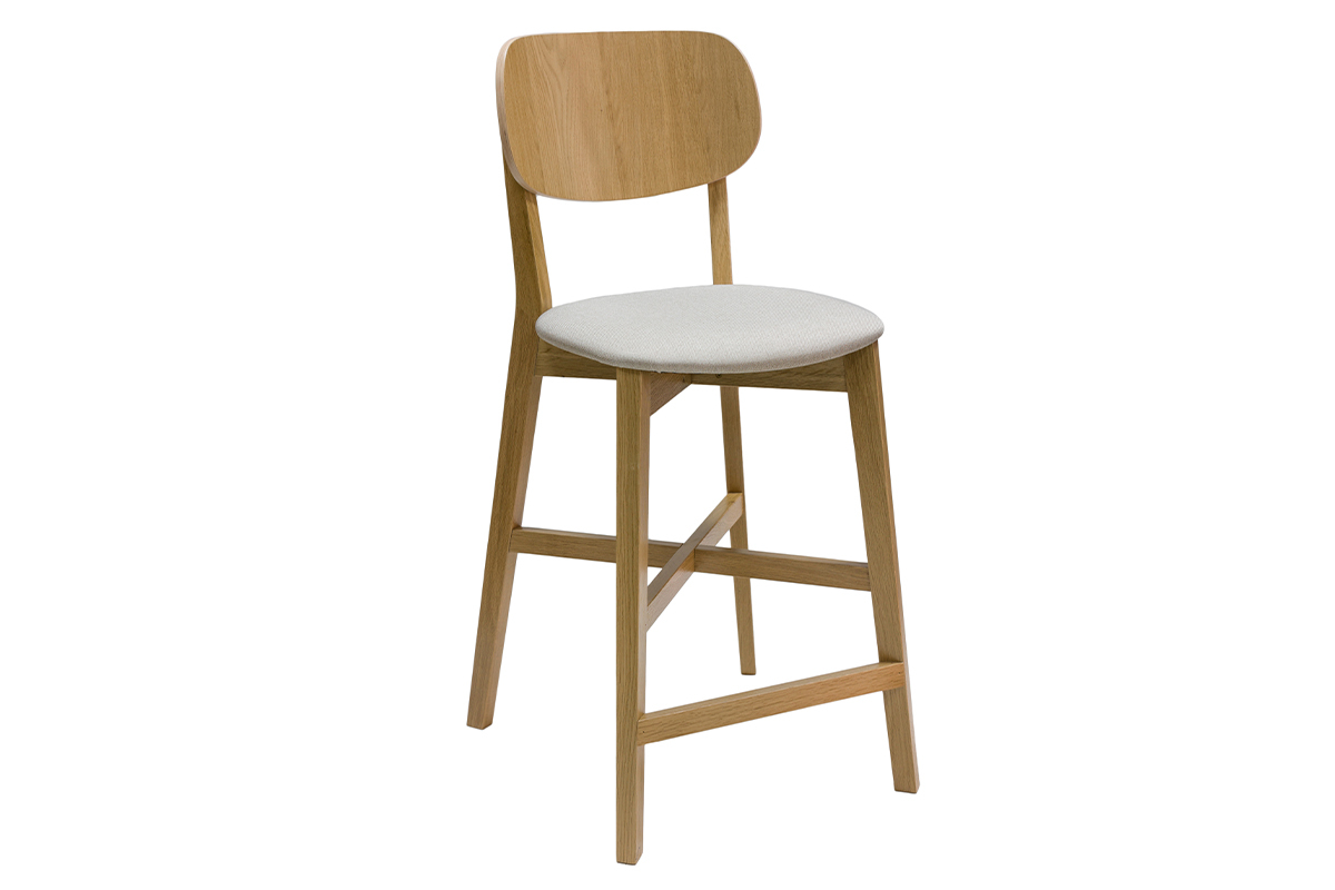Tabourets de bar en bois clair ch�ne et tissu beige H65 cm (lot de 2) LUCIA