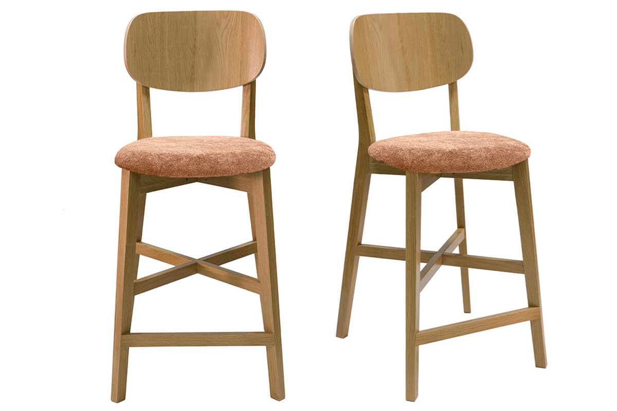 Tabourets de bar en bois clair ch�ne et tissu effet velours terre br�l�e H65 cm (lot de 2) LUCIA