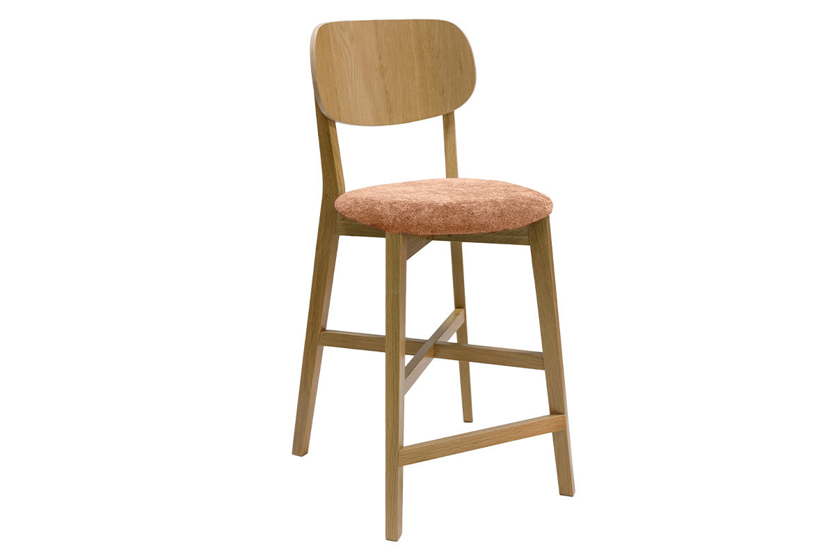 Tabourets de bar en bois clair ch�ne et tissu effet velours terre br�l�e H65 cm (lot de 2) LUCIA