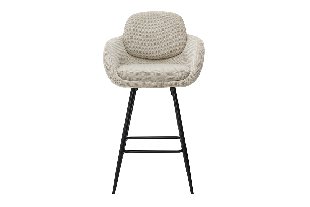 Tabouret de bar beige en tissu velours textur� avec pieds en m�tal noir, vue de face.
