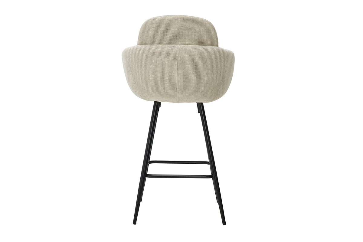 Tabouret de bar beige en tissu effet velours textur�, vue de dos, pieds en m�tal noir.