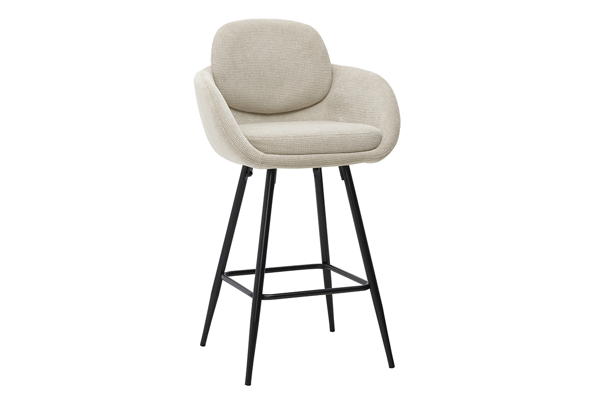 Tabouret de bar beige en tissu velours textur� avec pieds en m�tal noir, angle de 3/4