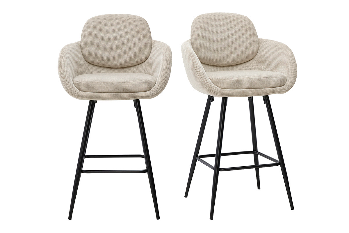 Lot de 2 tabourets de bar en tissu beige effet velours et m�tal noir, vue de face