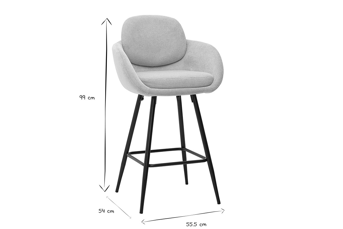 Dimensions tabourets de bar en tissu beige et m�tal noir : hauteur 99 cm, largeur 54 cm, profondeur 55,5 cm, noir et blanc.