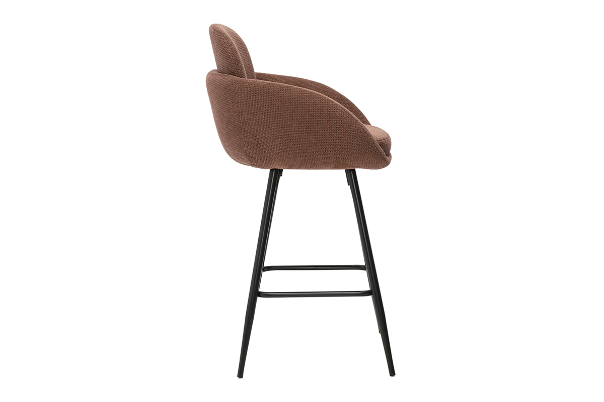 Tabouret de bar en tissu chenille terre br�l�e et m�tal noir, vue de profil.