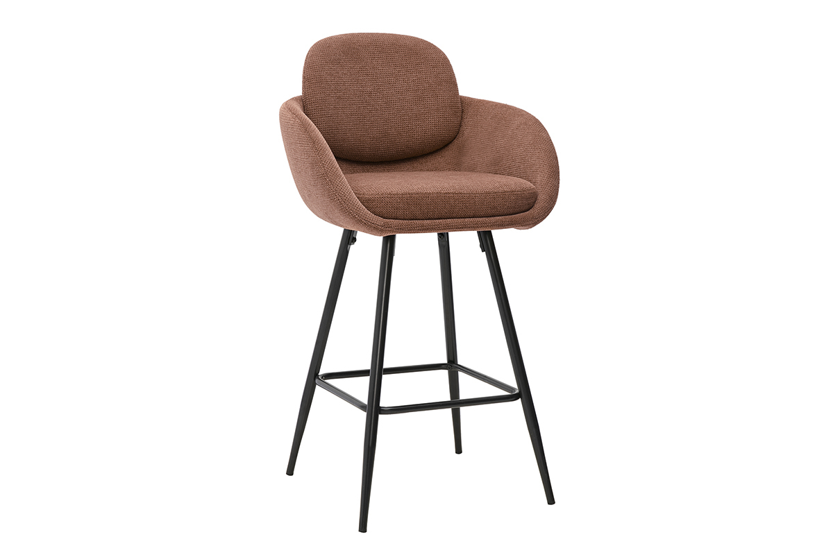 Tabouret de bar en tissu chenille terre br�l�e et m�tal noir, vue de profil, hauteur 68,5 cm.