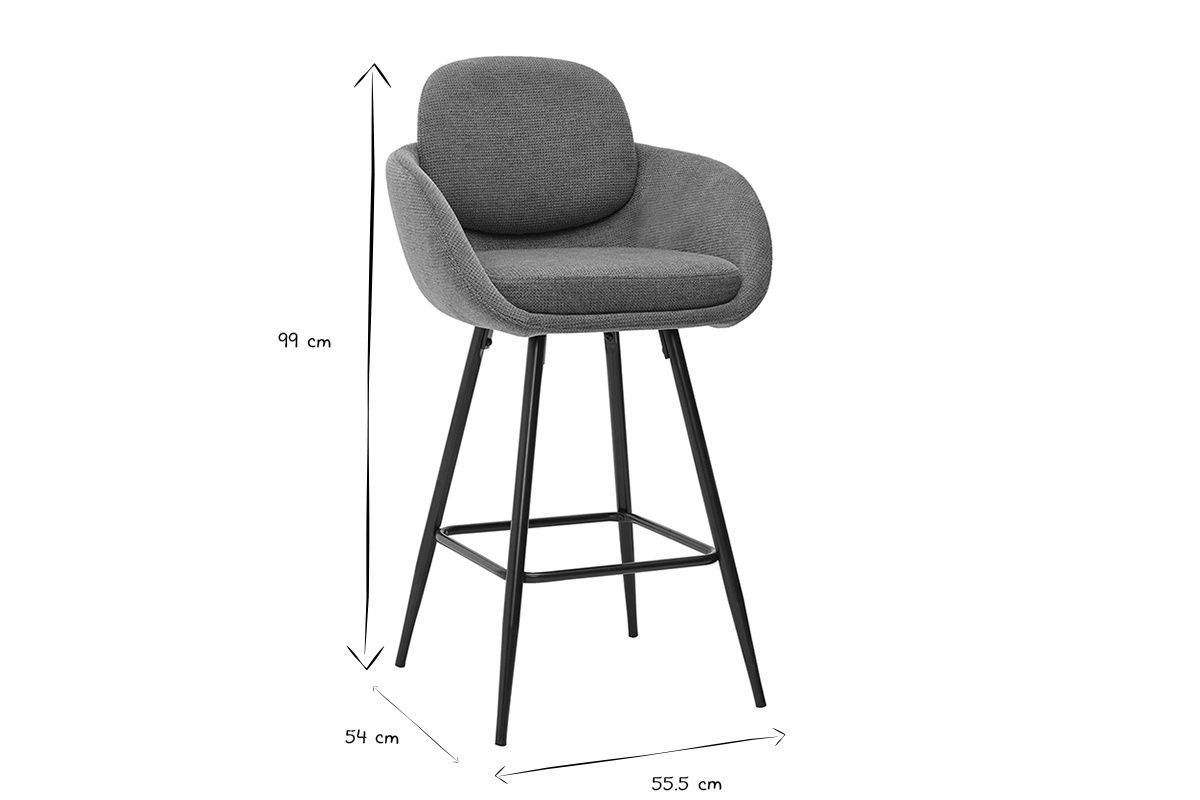 Dimensions du tabouret de bar : hauteur 99 cm, profondeur 54 cm, largeur 55,5 cm en noir et blanc.