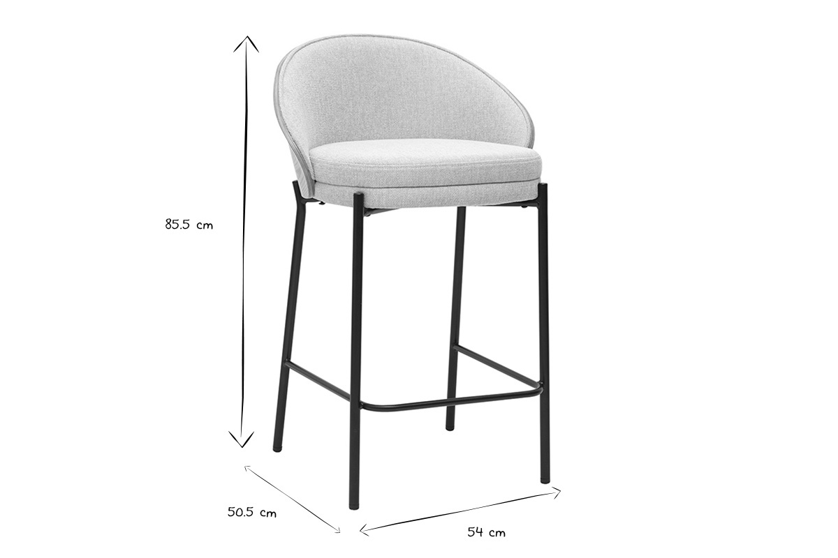 Tabouret de bar noir et blanc avec dimensions 85,5 cm hauteur, 50,5 cm largeur, 54 cm profondeur.