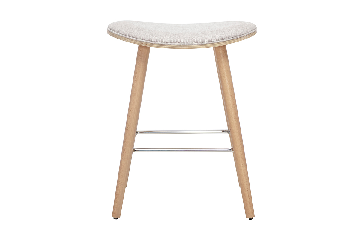 Tabouret de bar en tissu beige et bois clair, vue de face.