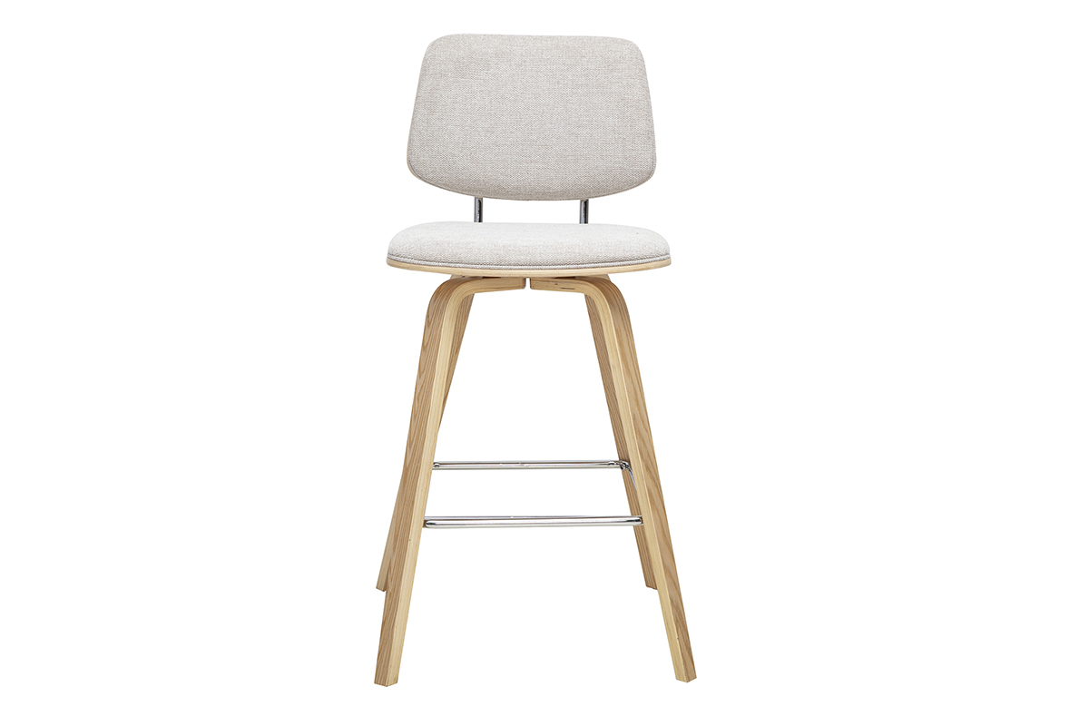 Tabouret de bar beige en tissu effet velours, vue de face avec jambes en bois clair.