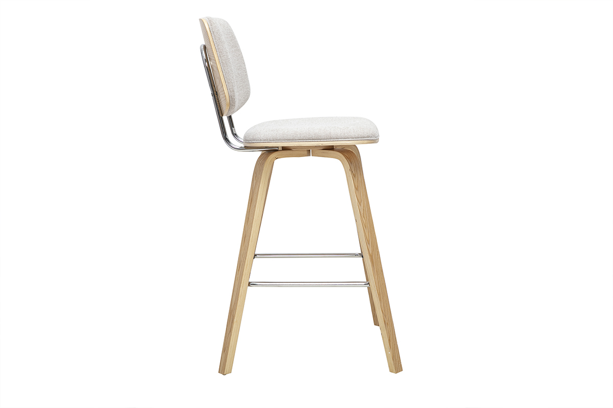 Tabouret de bar beige en tissu effet velours, vue de profil, structure en bois clair.