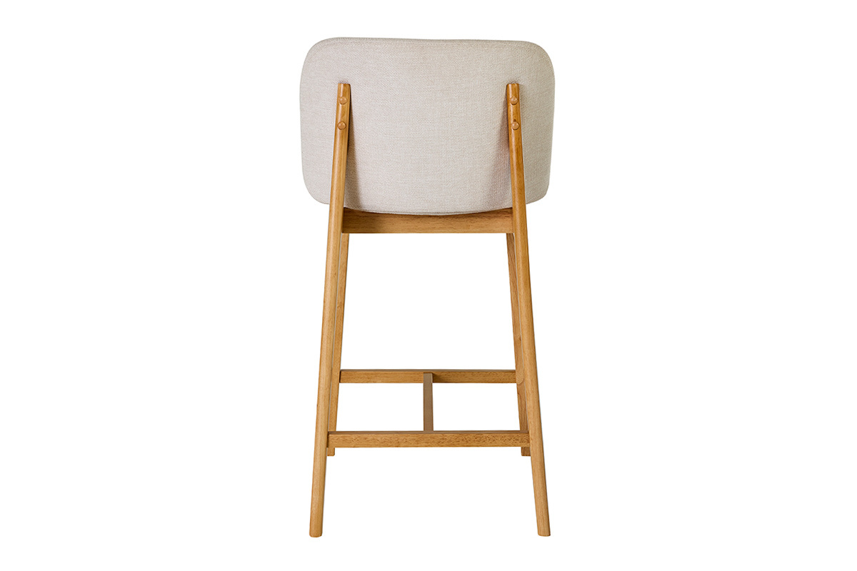 Tabouret de bar TIEGA vue de dos, tissu beige et bois clair.