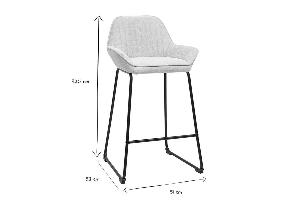Dimensions des tabourets de bar RONNIE en noir et blanc, hauteur 92.5 cm, largeur 51 cm, profondeur 52 cm.