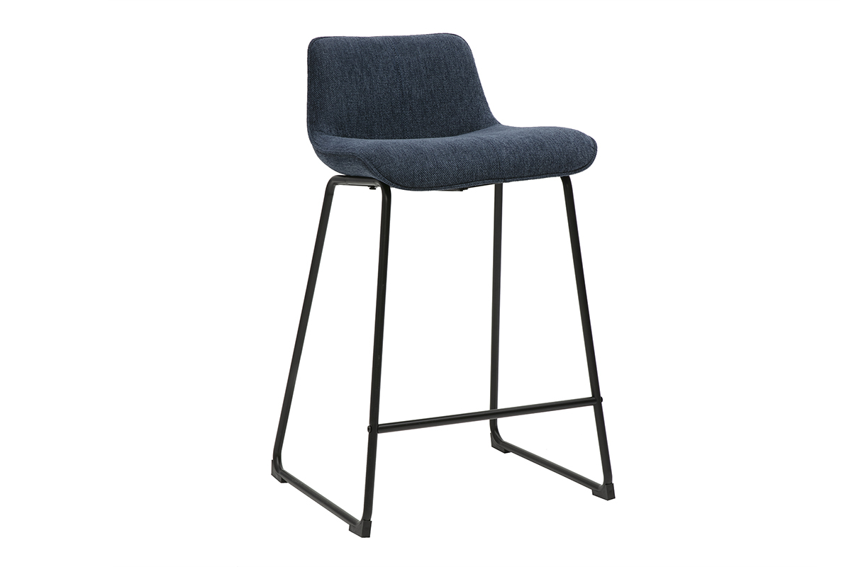 Tabourets de bar en tissu effet velours textur� bleu fonc� et m�tal H65 cm (lot de 2) BOOST